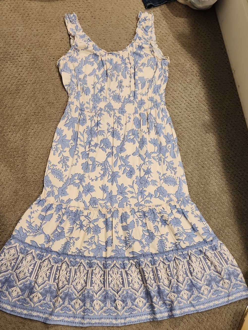 NEW Lucky Brand White Dress with Light Blue Floral Accents. Medium